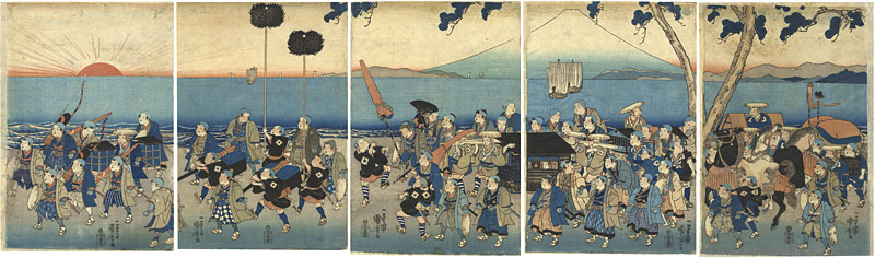 Kuniyoshi “Children Imitating a Daimyo Procession on the shore at sunset”／
