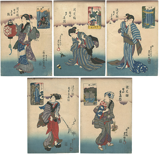 Toyokuni III “Beauties Wearing Waterfall-striped Kimono”／