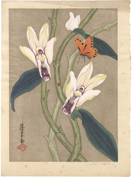 Urushibara Mokuchu “Orchid, Butterfly and Ladybug”／