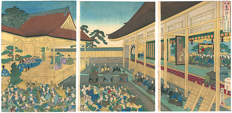 Chikanobu “The Flower of the East, Learning from History / No.3 : Illustration of Townspeople Watching Noh Play “Okina” in Edo Castle”／