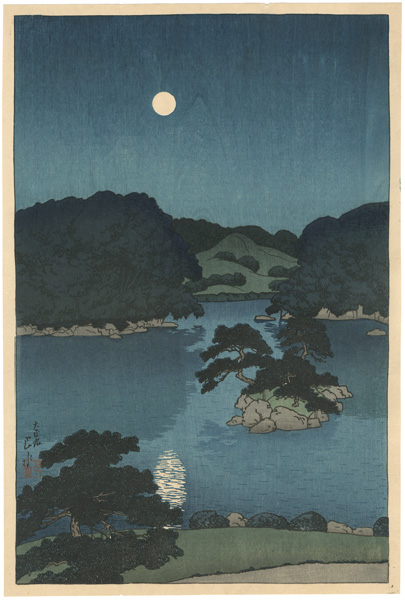 Kawase Hasui “Scenes of the Mitsubishi Fukagawa Villa / Moonlit Night- Daisensui Pond”／