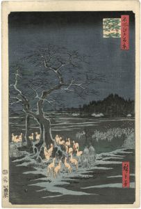 Hiroshige I/100 Famous Views of Edo / New Year's Eve Foxfires at the Hackberry Tree in Oji[名所江戸百景　王子装束ゑの木大晦日の狐火]