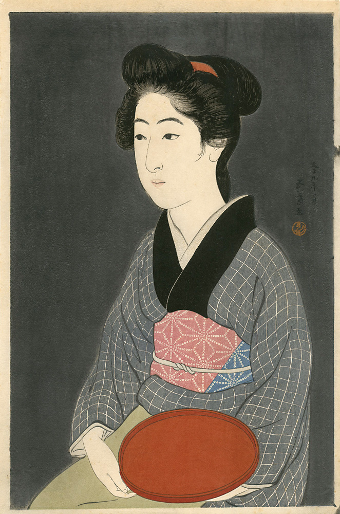 Hashiguchi Goyo “Waitress with a Red Tray (Portrait of Onao, a Maid at the Matsuyoshi Inn, Kyoto)”／