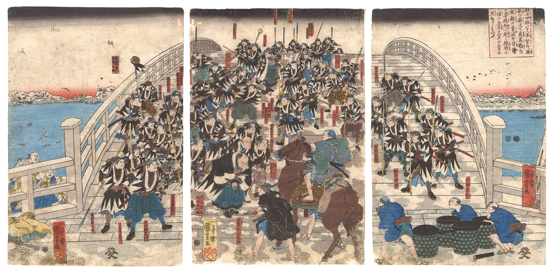Kuniyoshi “Early in the Morning of the 15th Day of the 12th Month, 1702, the 47 Loyal Retainers, Having Achieved Their Goal, All Crossed Ryogoku Bridge with the Head of Their Enemy and Proceeded to the Memorial Temple”／