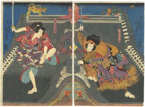 Kuniyoshi/History of the Eight Dogs of Satomi : The Scene of the Horyukaku Temple[里見八犬伝　芳流閣の場]