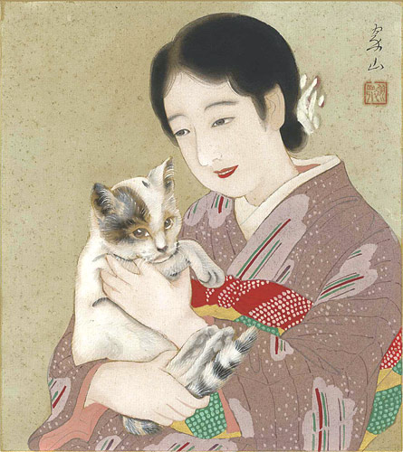 三木翠山｢自筆色紙　猫と女性｣／