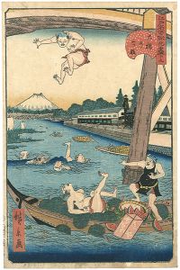 Hirokage/Comical Views of Famous Places in Edo /  Ohashi Bridge[江戸名所道化尽 十九　大橋の三ツ股]