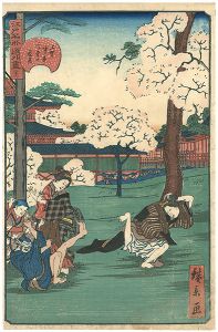 Hirokage/Comical Views of Famous Places in Edo / Cherry Blossom Viewing at Kanonji Temple in Ueno[江戸名所道外尽 二十一　上野中堂二ツ堂の花見]