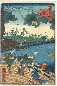 Hirokage/Comical Views of Famous Places in Edo / a Tempest over Atarashi-bashi Bridge[江戸名所道化尽 七　新シ橋の大嵐　]
