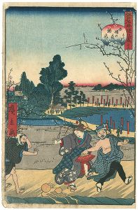 Hirokage/Comical Views of Famous Places in Edo / Plum Blossom Viewing Party in Umeyashiki near Azuma Shrine[江戸名所道外尽 三十五　吾嬬の森梅見もとり]