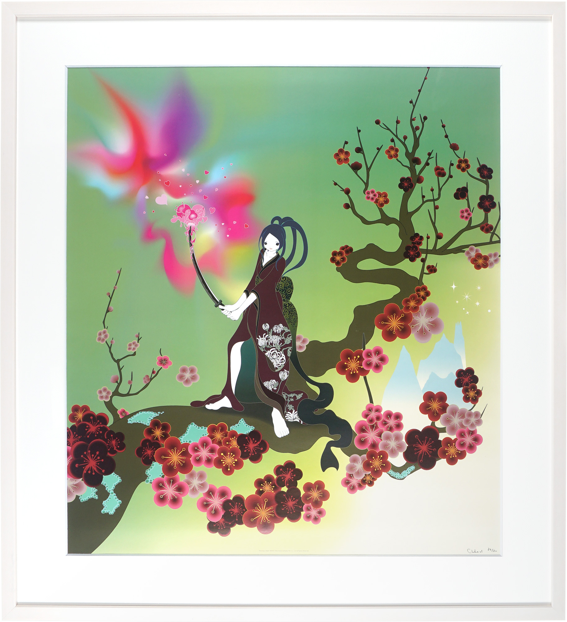 青島千穂エディションサイン入り版画「私の周りの魂と花」