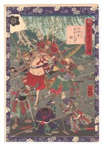 Yoshitsuya/Fifty-four Scenes from the Story of Hideyoshi / No. 34: Old Retainers Try to Dissuade Michihide from Dying in Battle[瓢軍談五十四場　三十四 旧臣等道秀の討死を諫る]