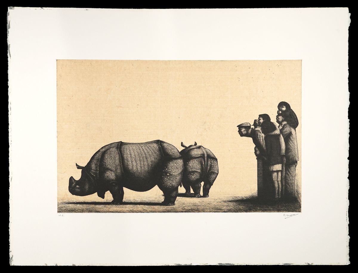 Aigasa Masayoshi “At a Zoo: People Watching Rhinoceros”／